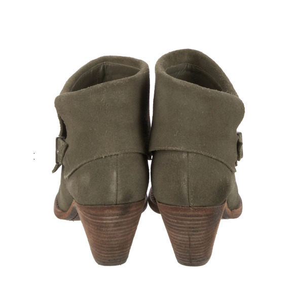 Alice+Olivia 8.5 Suede $350 Caden Ankle Boots Gold Bootie Low Heel Olive Green - Picture 5 of 7